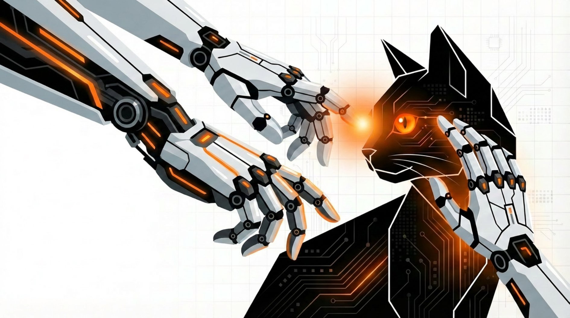 Futuristic robotic wolf head with glowing orange eyes and mechanical suit-clad soldiers fighting above it on white background