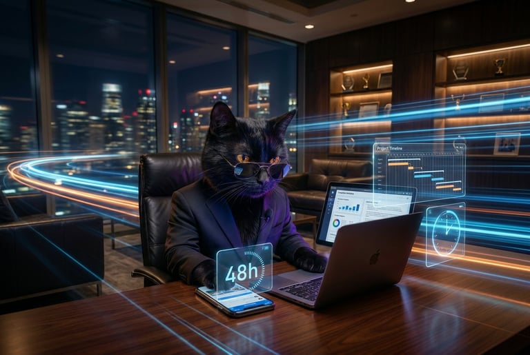Developer working late in modern office with digital overlays, laptop, and holographic data visualizations at night with city skyline.